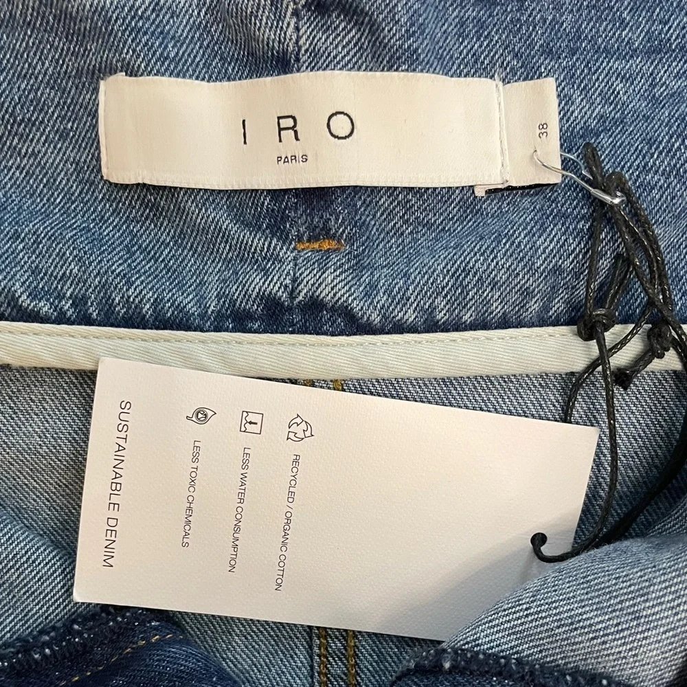 IRO Melay Denim Mini Skirt in Medium Blue Belted Paperbag Waist US Size 6 EU 38